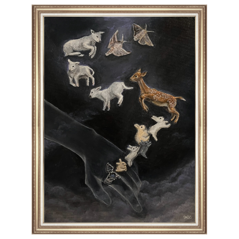 Framed acrylic painting of small pale figures moving across a dark background.
