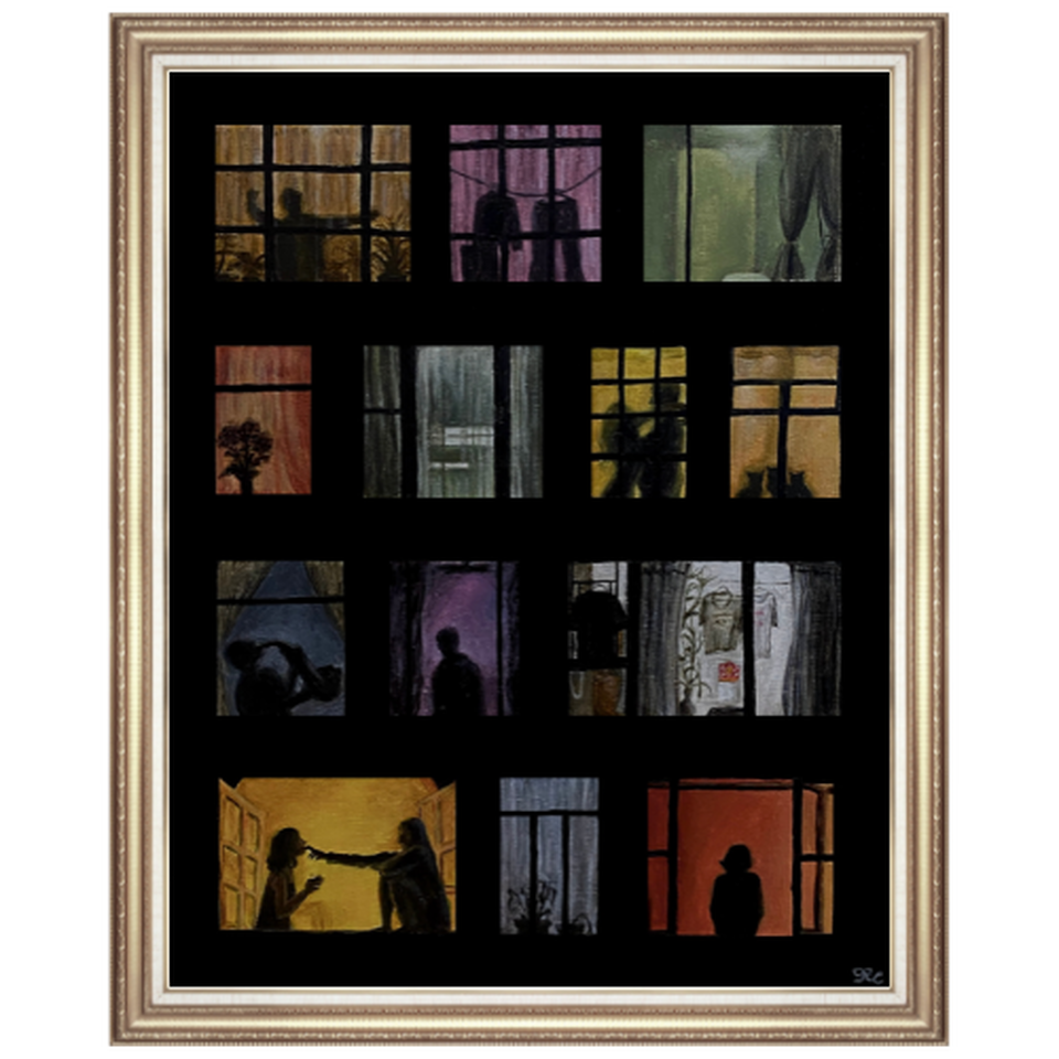 Framed acrylic painting arranged as a grid of colorful window-like scenes.