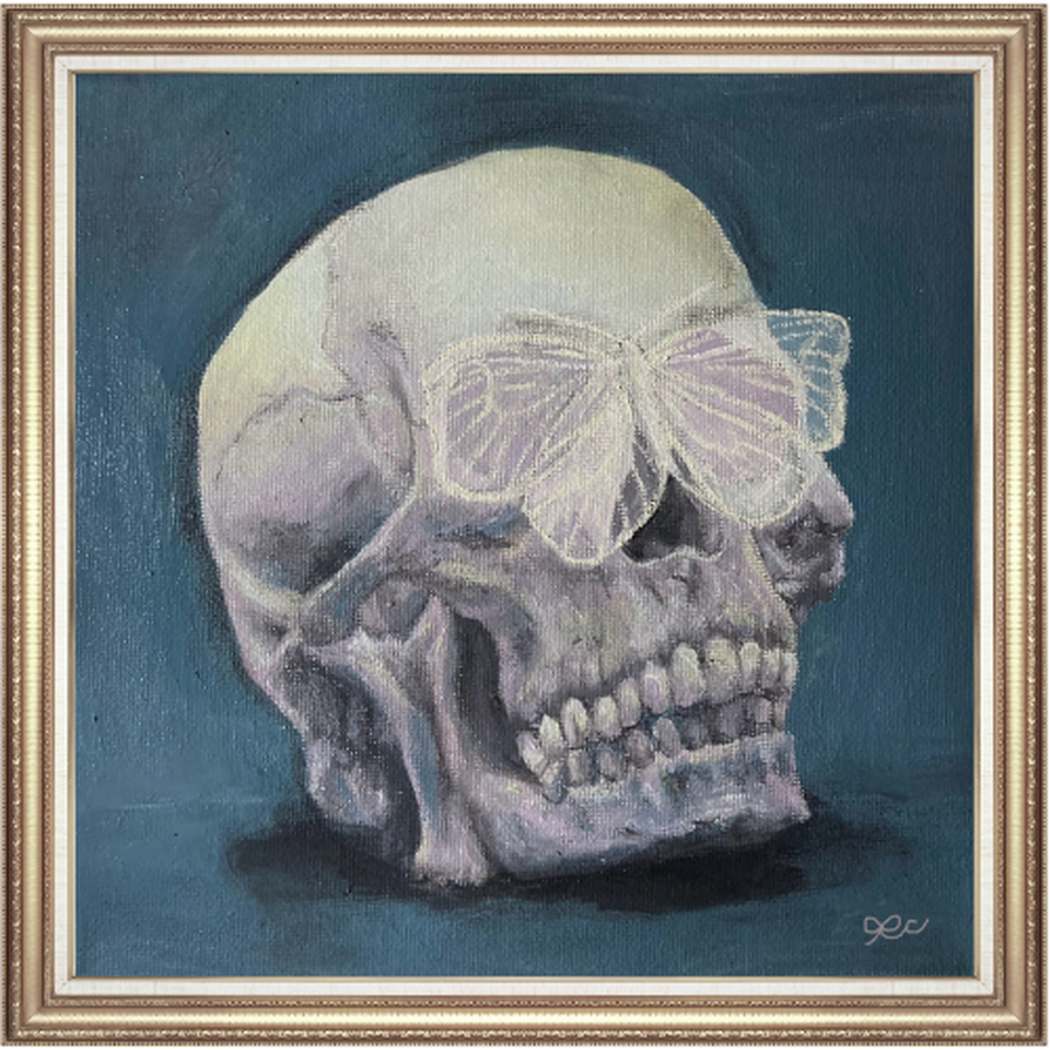 Framed acrylic study of a skull against a muted blue-gray field.