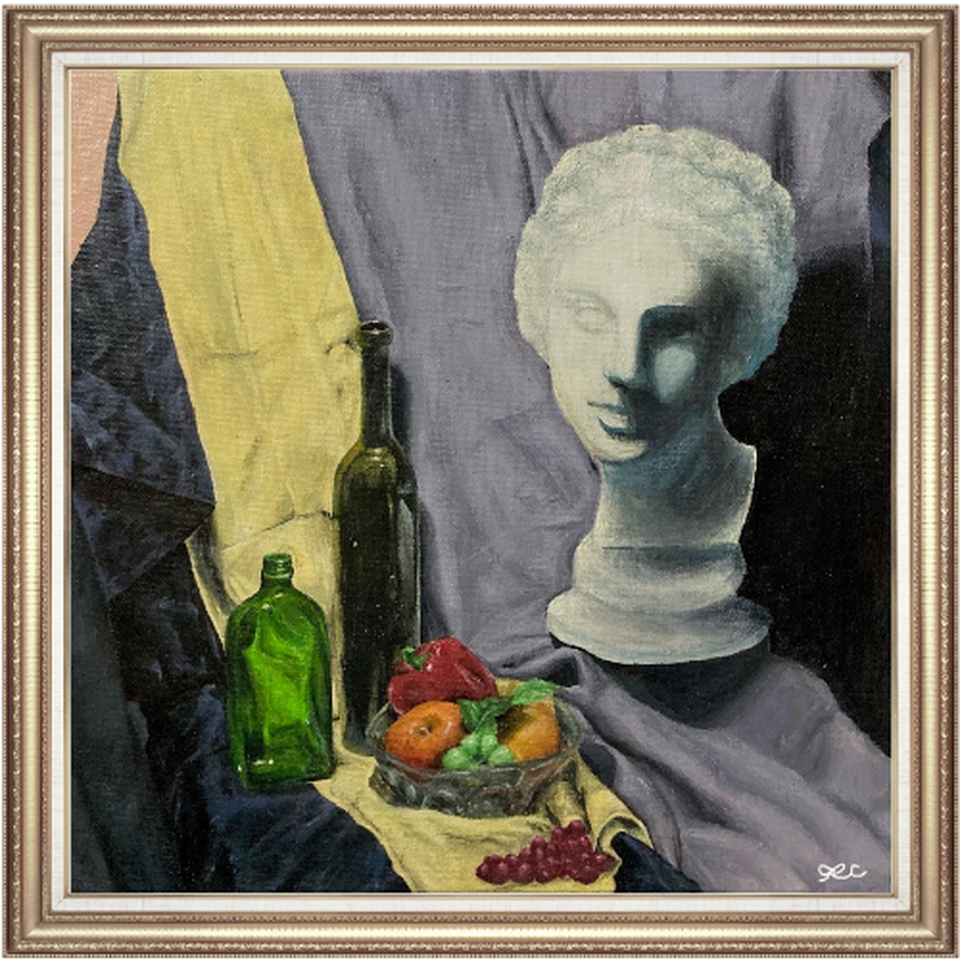 Framed still life with a white bust, dark bottle, yellow cloth, and fruit.