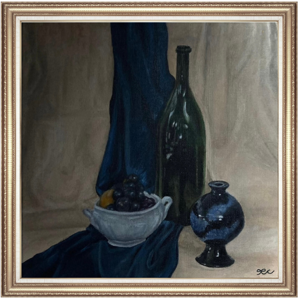 Framed still life with dark fabric, glass vessels, and small blue objects.