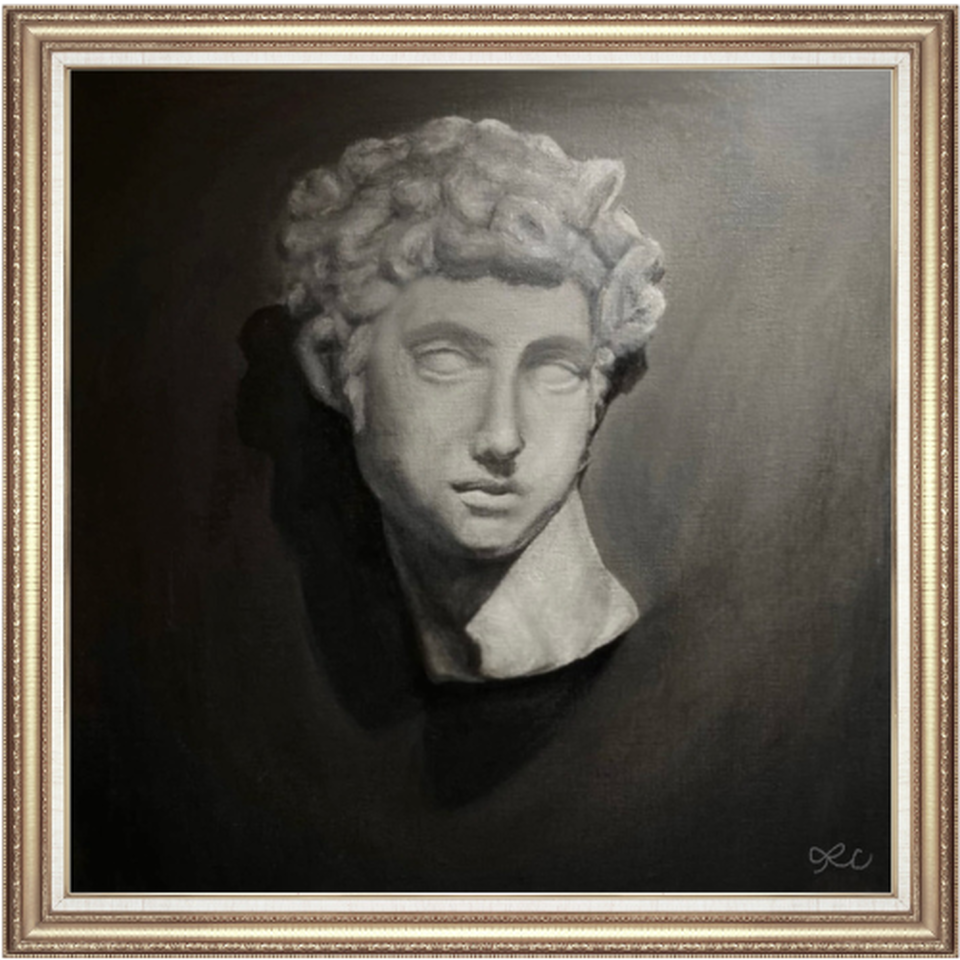Framed monochrome acrylic study of a classical sculpture head.