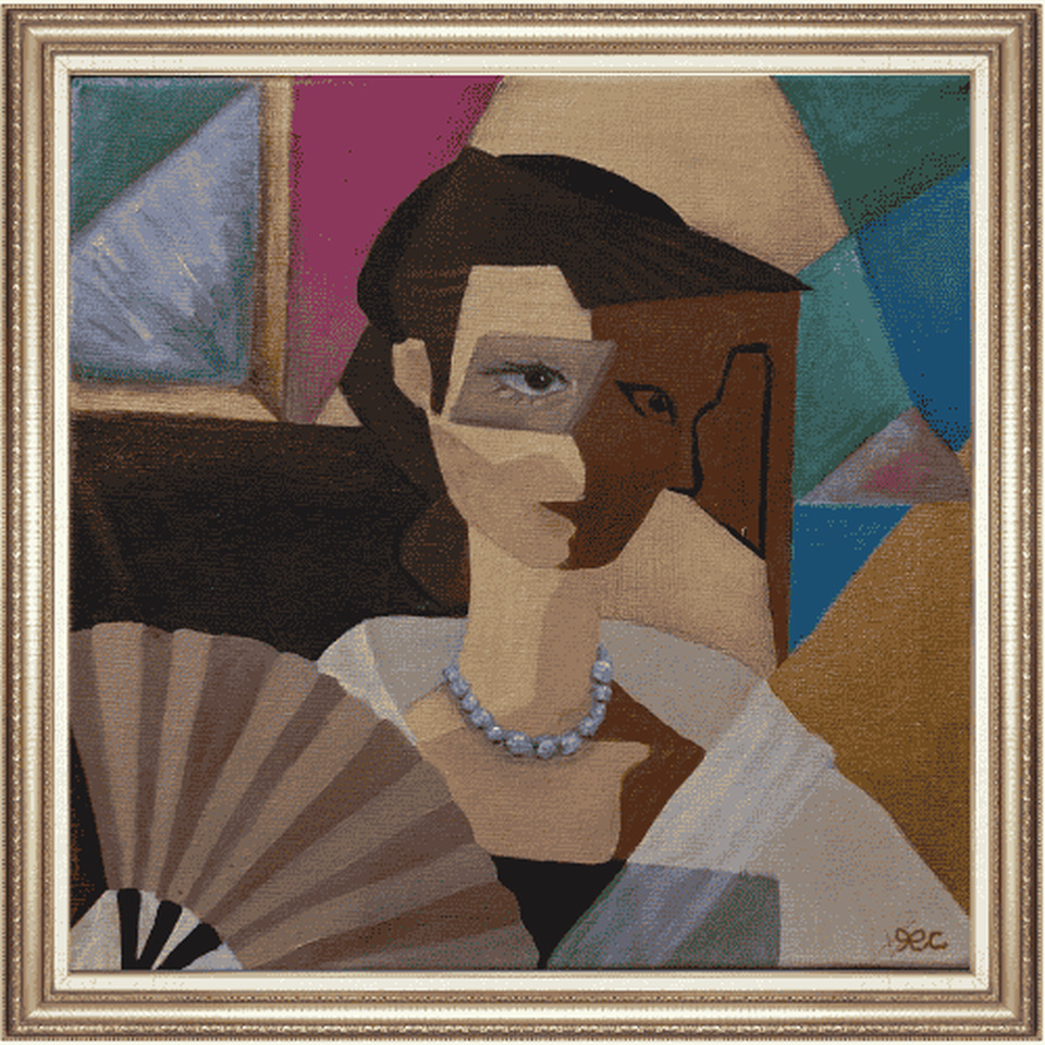 Geometric acrylic portrait of a seated woman holding a fan.