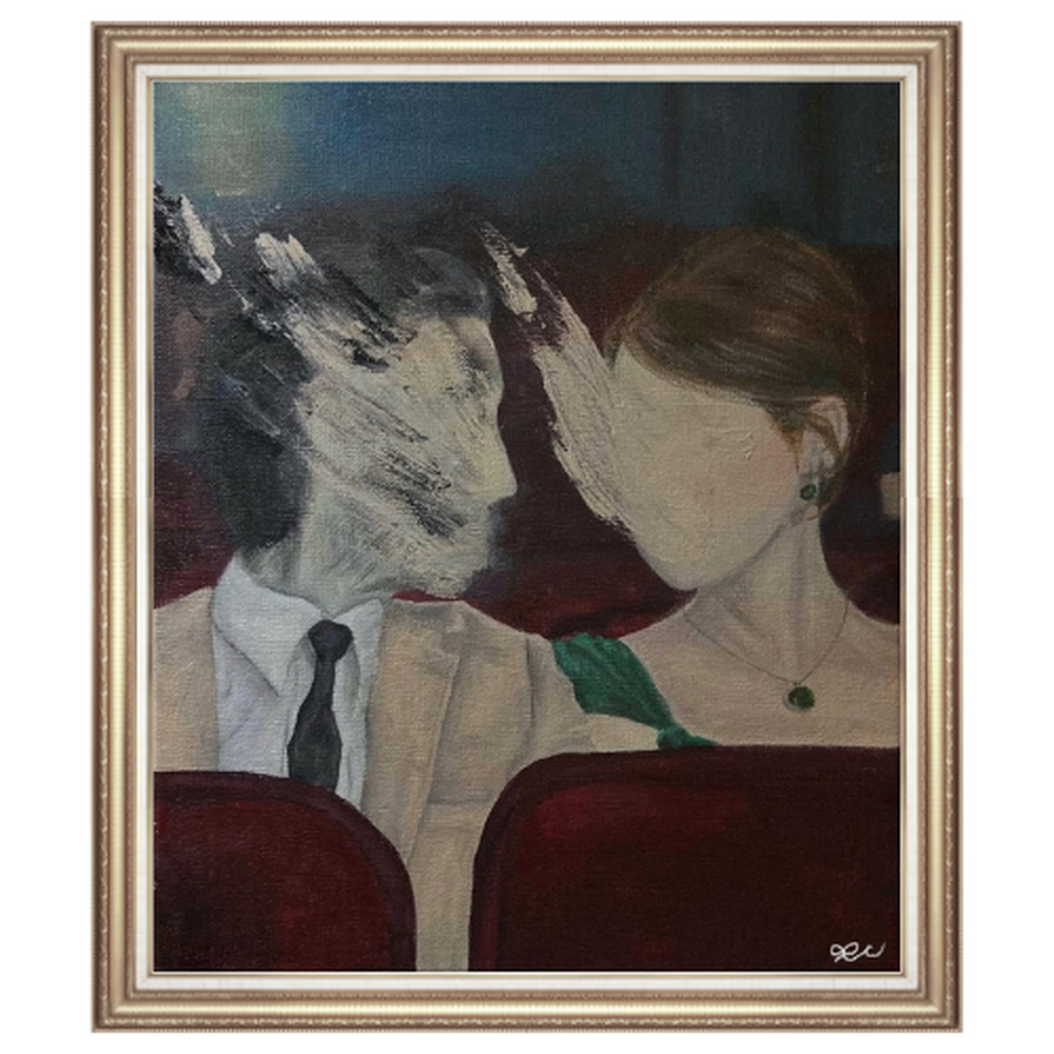Framed acrylic portrait of two figures facing each other.