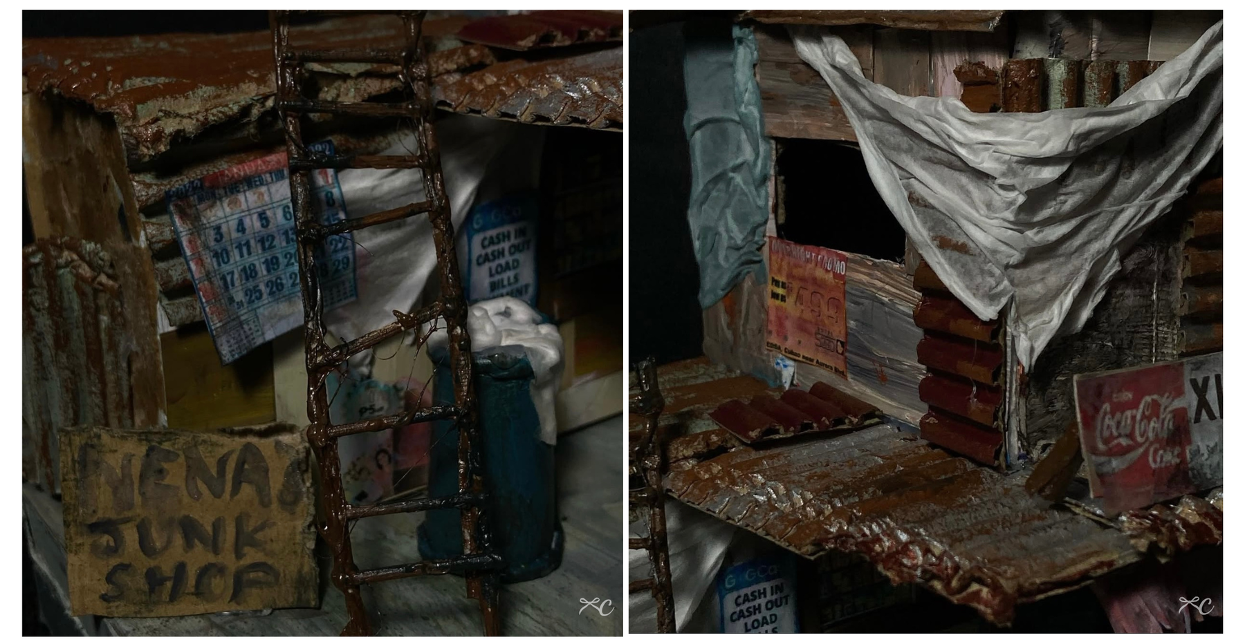 Close view into a miniature alley with corrugated walls, signs, fabric, and tiny objects.