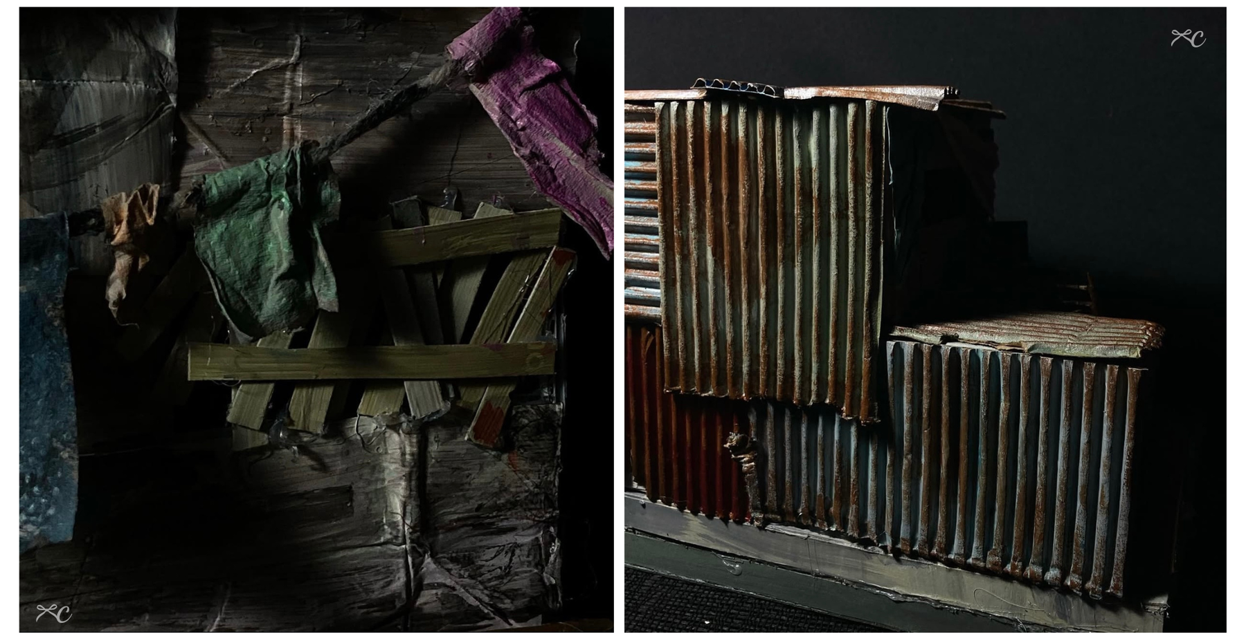 Dark detail view of the diorama with steps, a doorway, and corrugated walls.