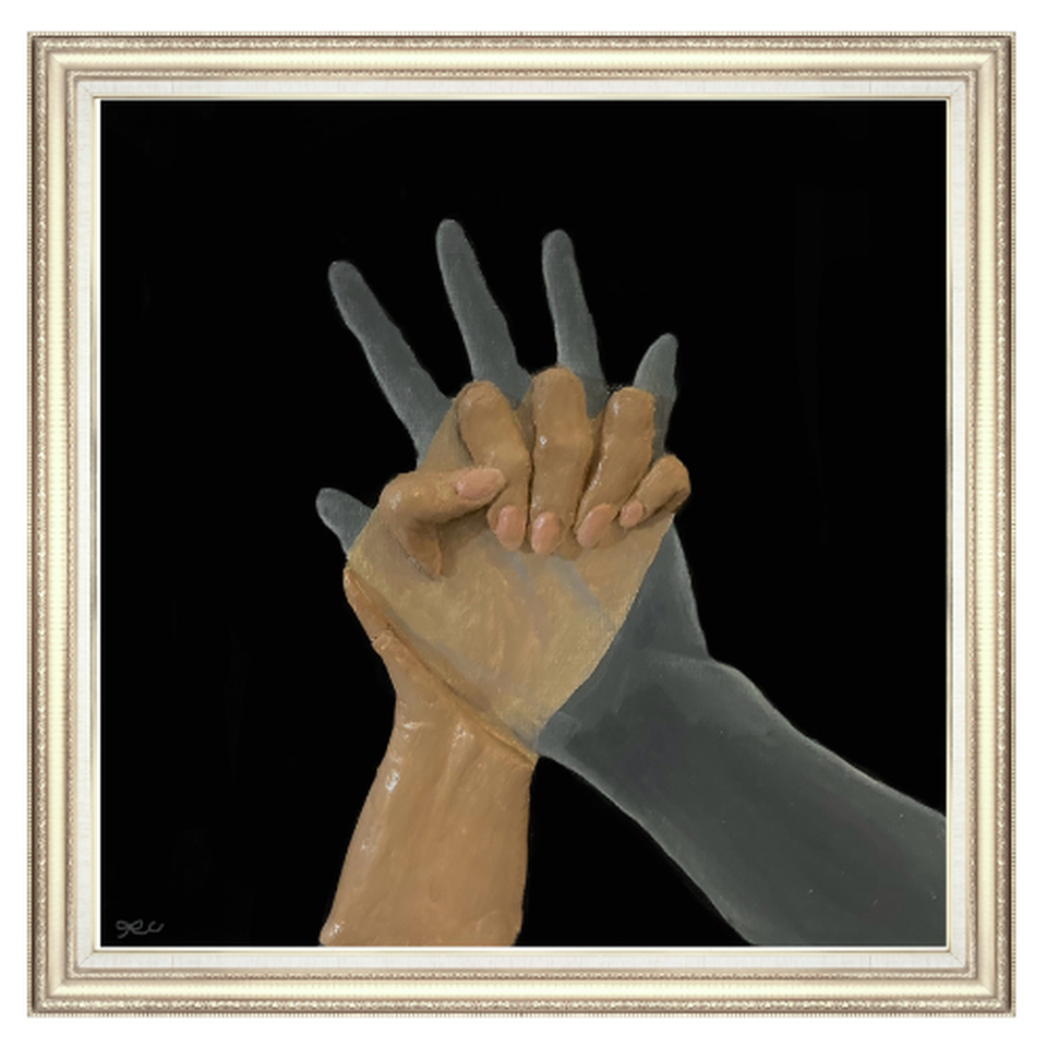 Mixed-media work showing two overlapping hands reaching upward inside a pale frame on black.