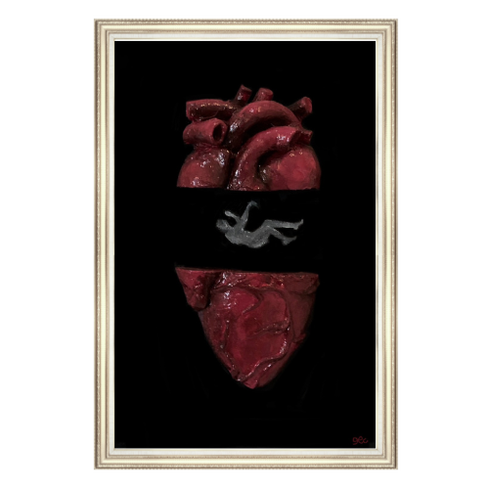 Mixed-media anatomical heart divided into painted red sections on a black field.
