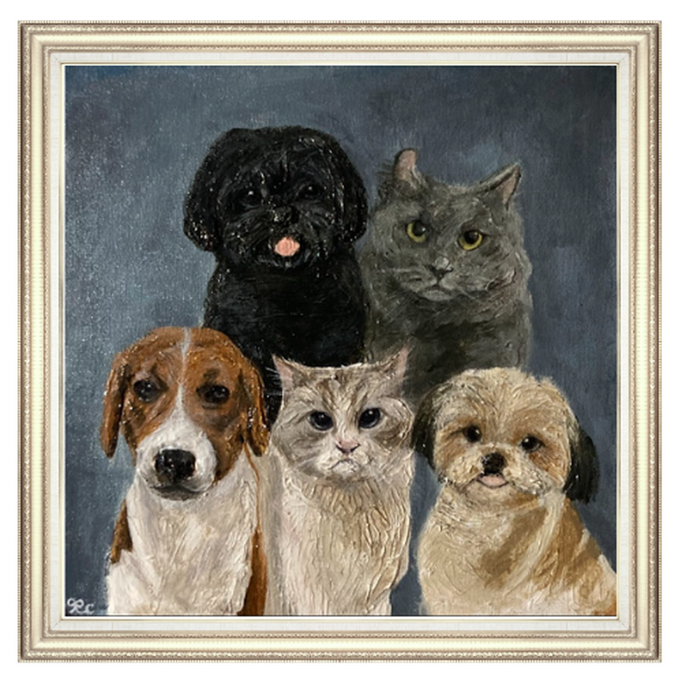 Painted portrait of five dogs and cats grouped against a blue-gray background.