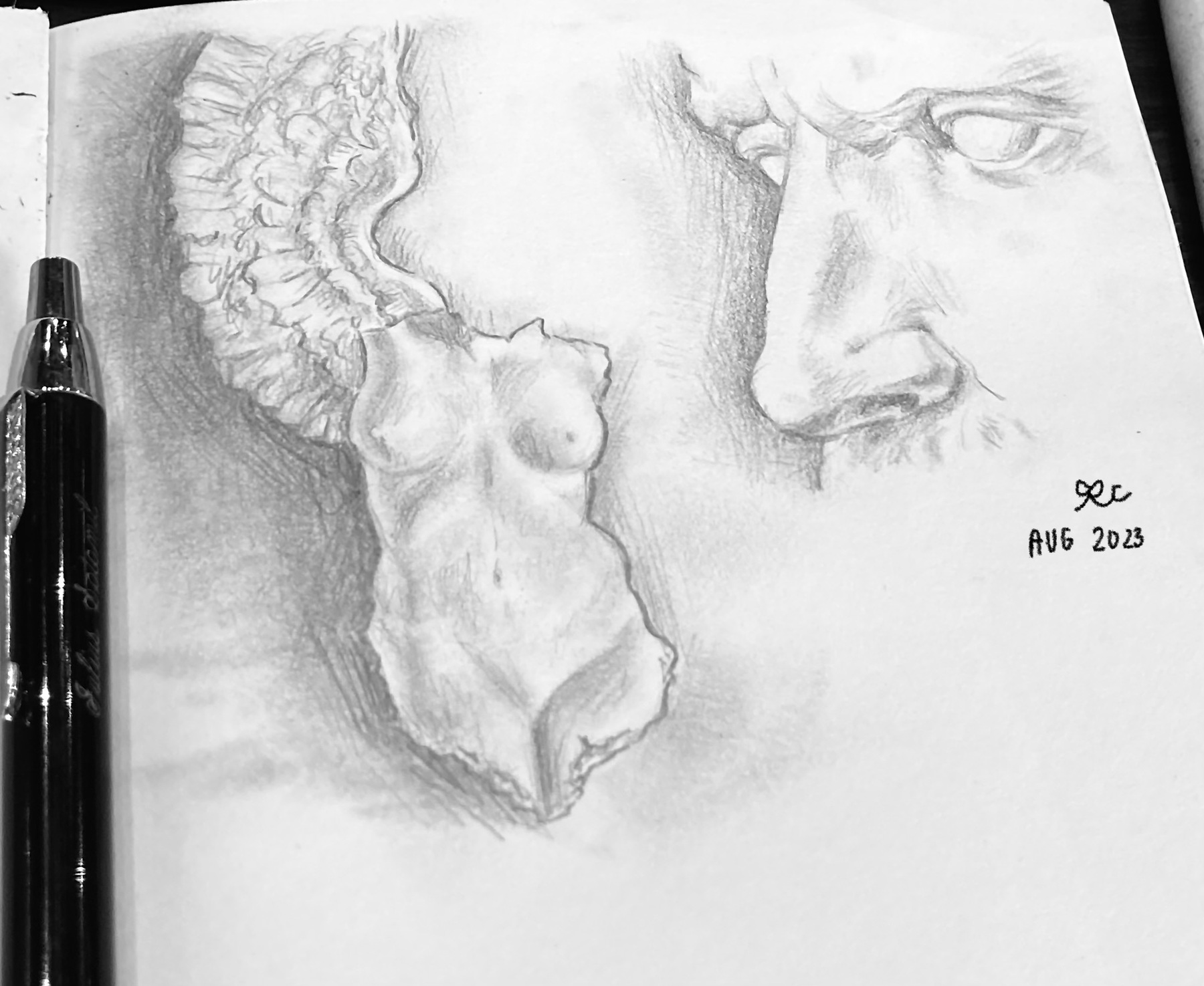 Pencil sketchbook spread with two faces studied in profile.