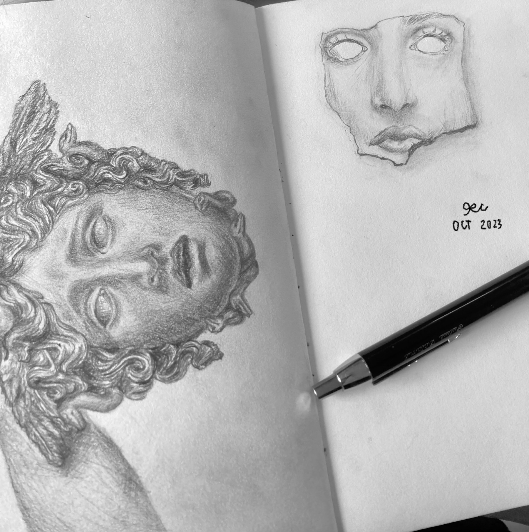 Graphite studies of a classical head and a face outline across sketchbook pages.