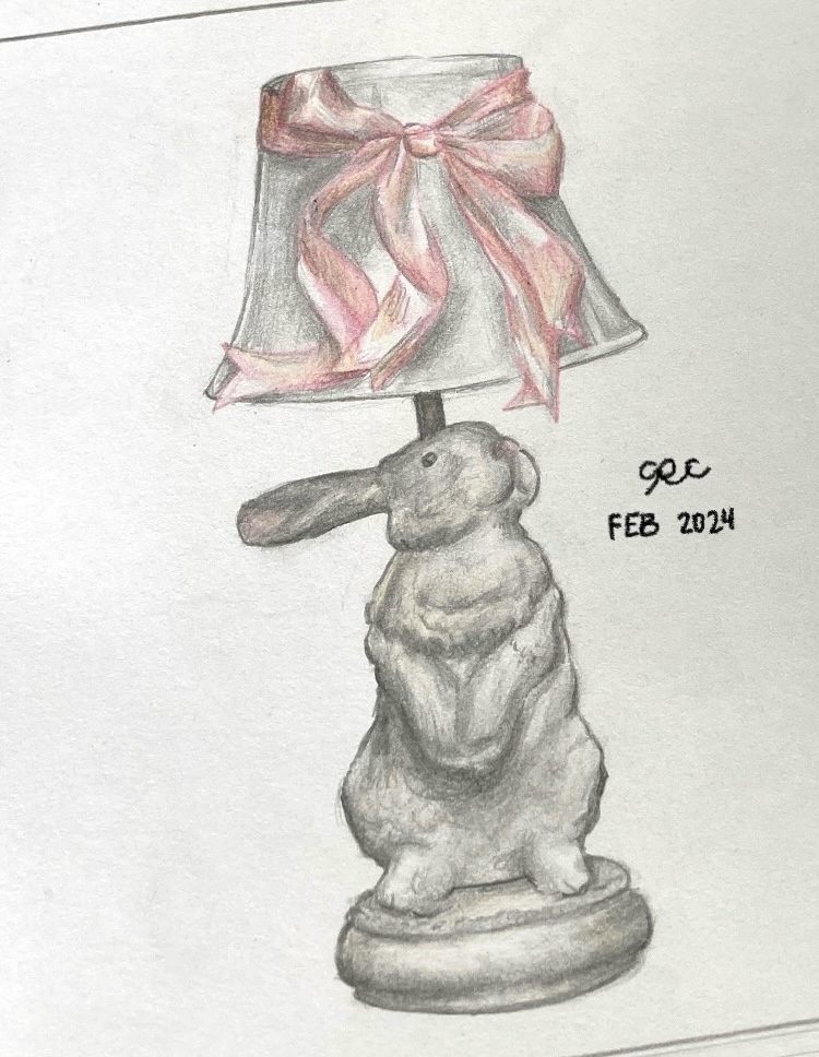 Colored study of draped fabric above a small figure sculpture.