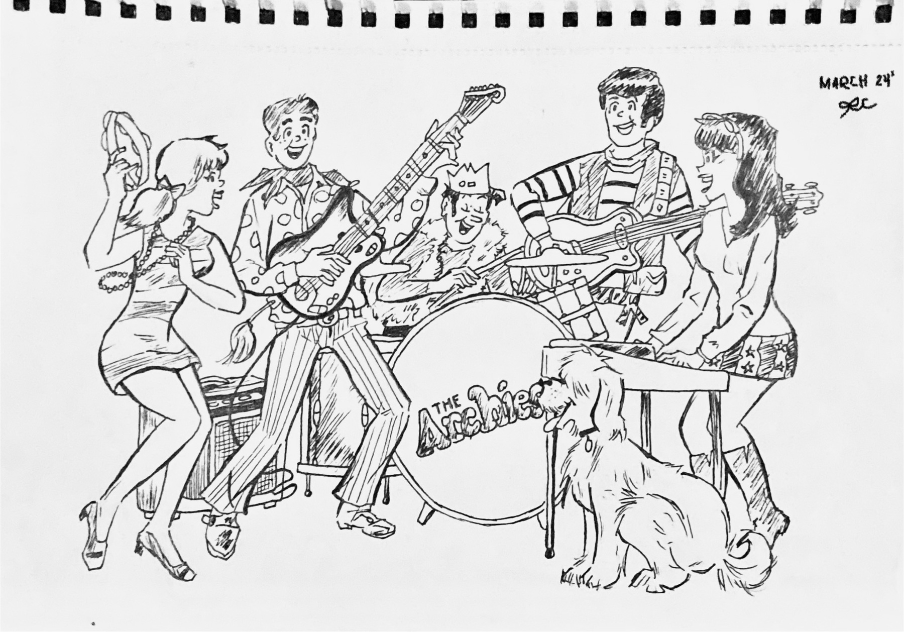 Ink line drawing of musicians, instruments, and dogs across a sketchbook page.
