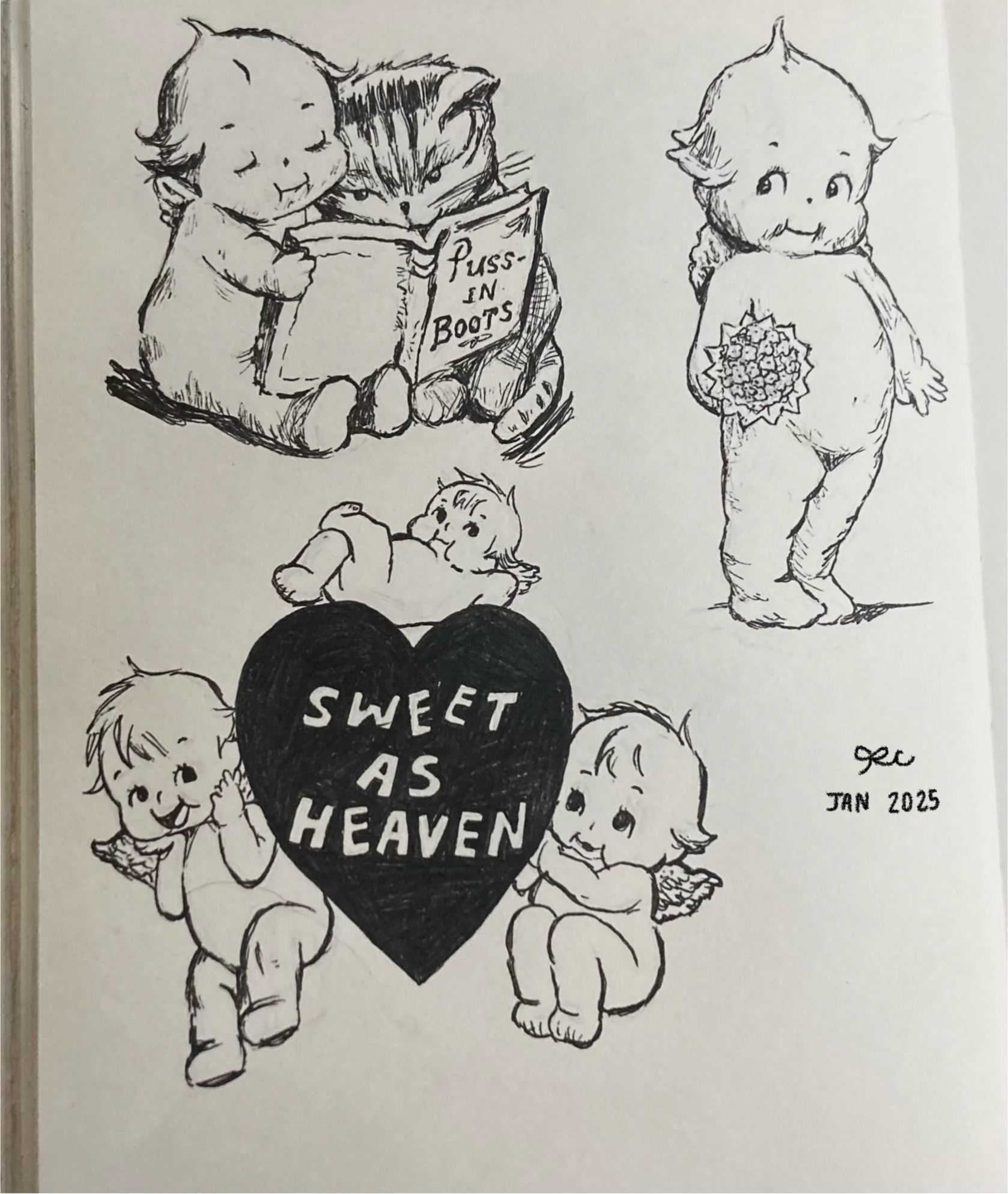 Ink sketchbook page with cat, character, lettering, and object studies.