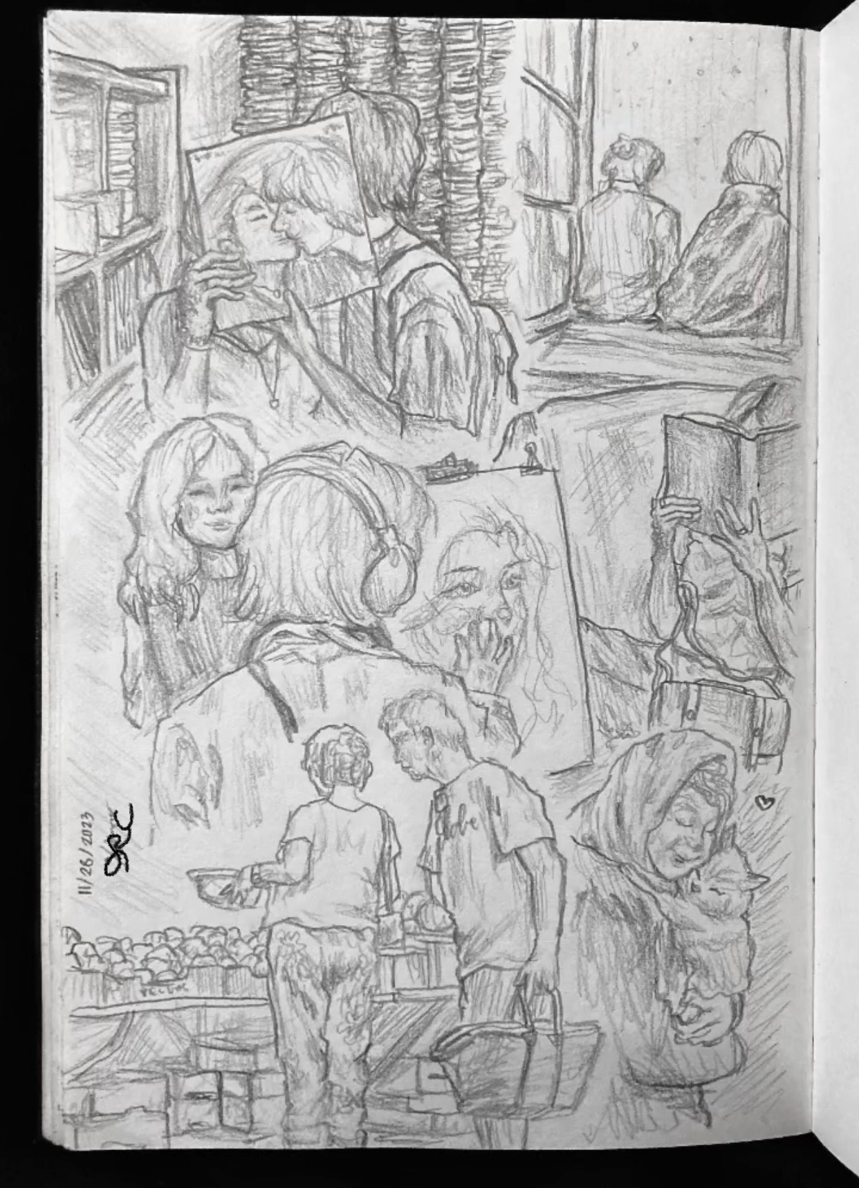 Dense pencil illustration filling an open sketchbook page.