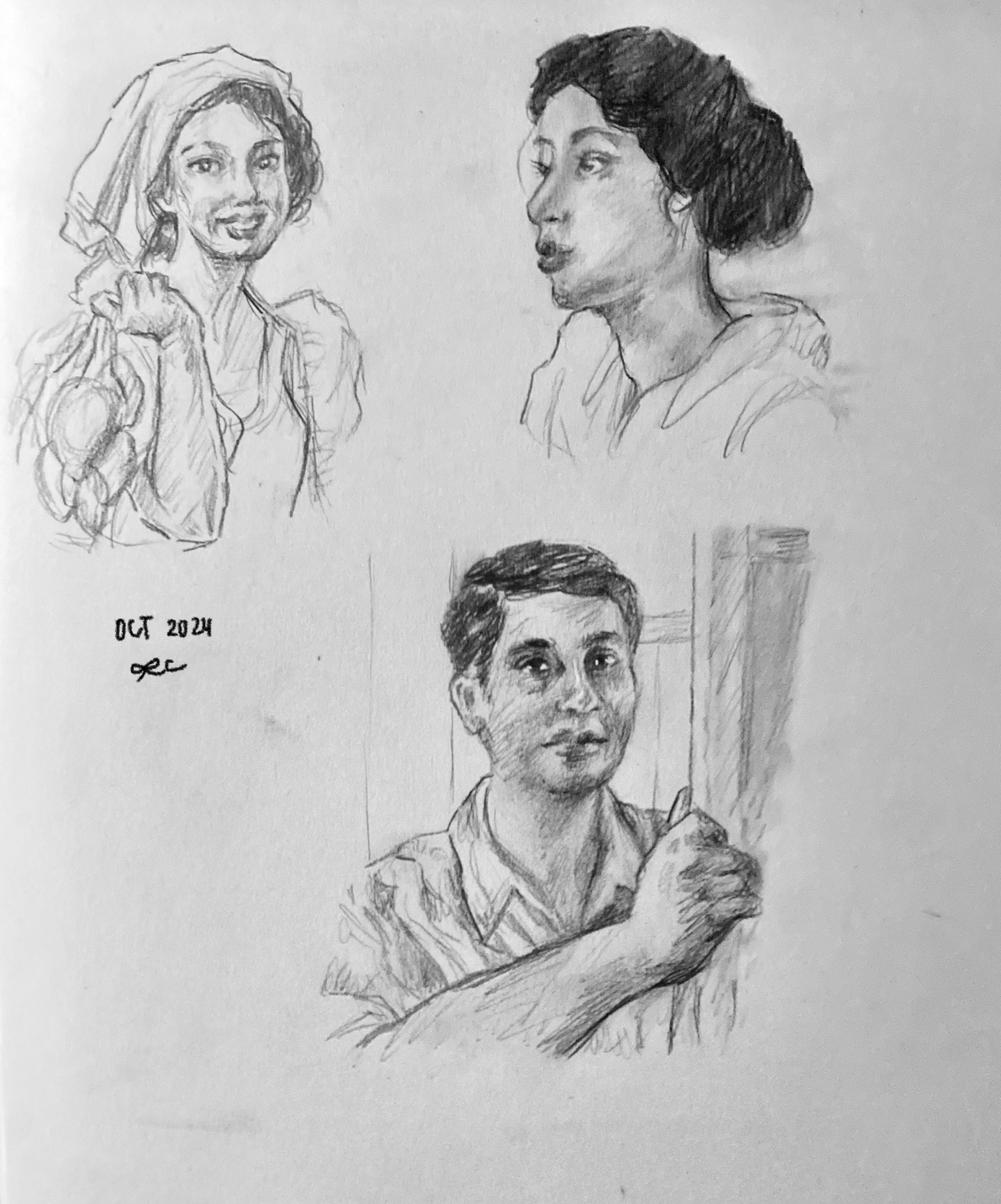 Pencil portrait studies of two women and one man.