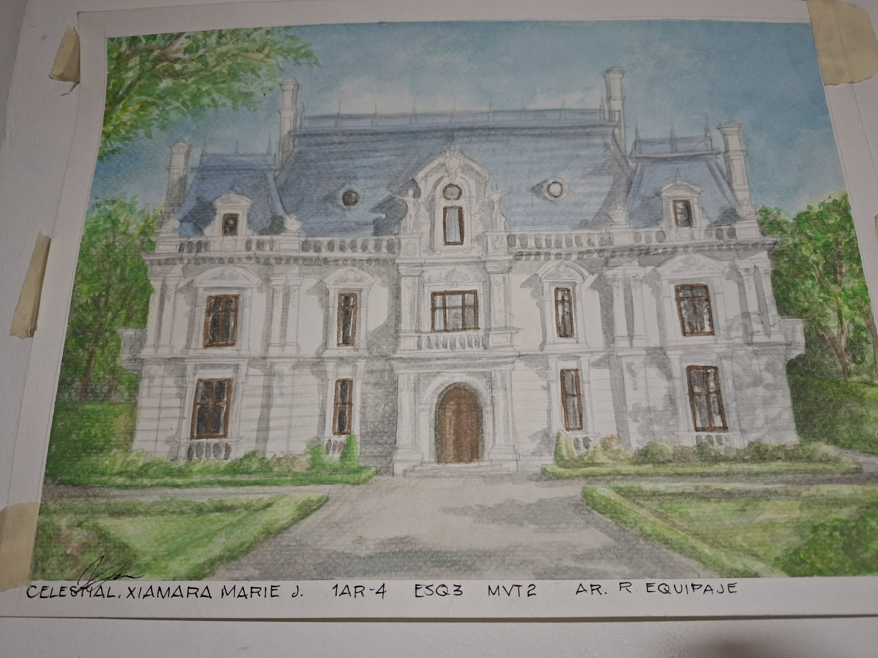 Watercolor and graphite architectural rendering of a large symmetrical house surrounded by trees.