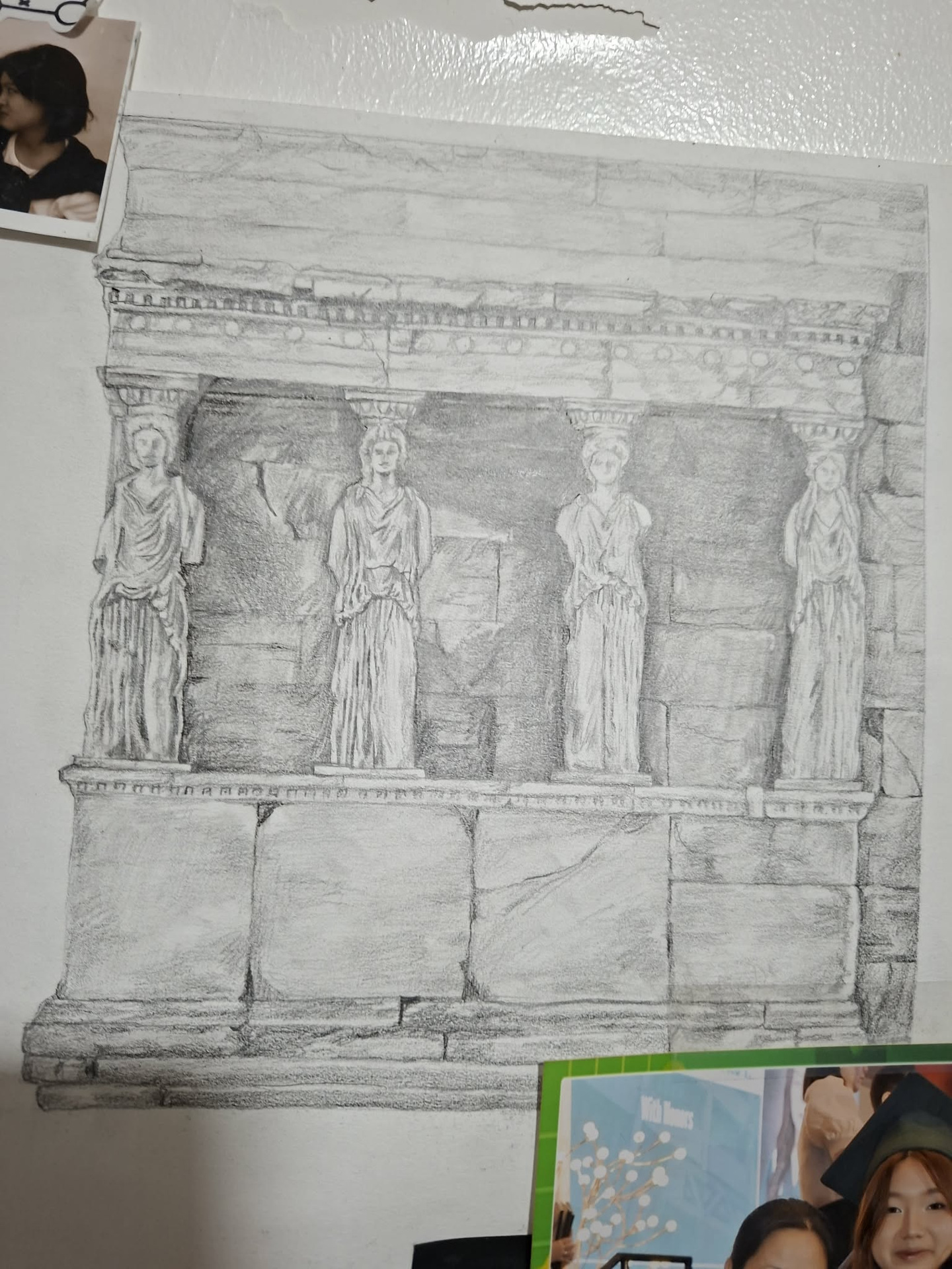 Graphite architectural study of a stone porch supported by four caryatid figures.