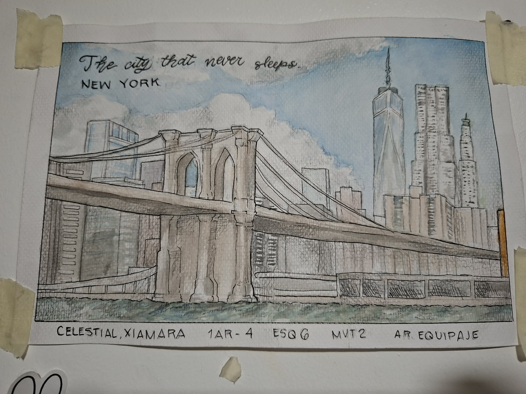 Watercolor, ink, and graphite architectural rendering of the Brooklyn Bridge and New York skyline.